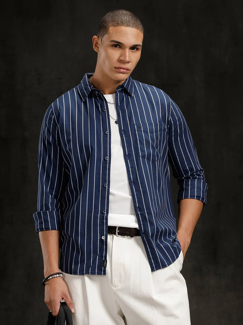 Herringbone Striped Slim Fit Shirt  | Navy Blue