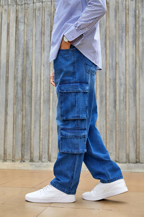 Faded Loose Fit Denim Cargo | Blue