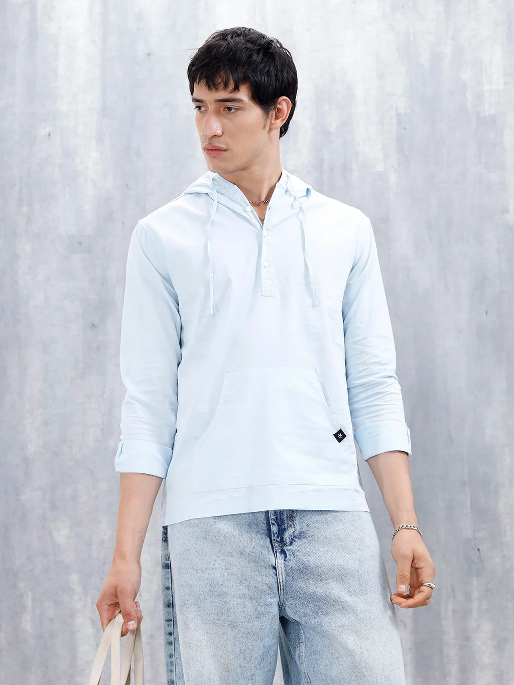Wrogn Men's Casual Hooded Henley Shirt | Light Blue