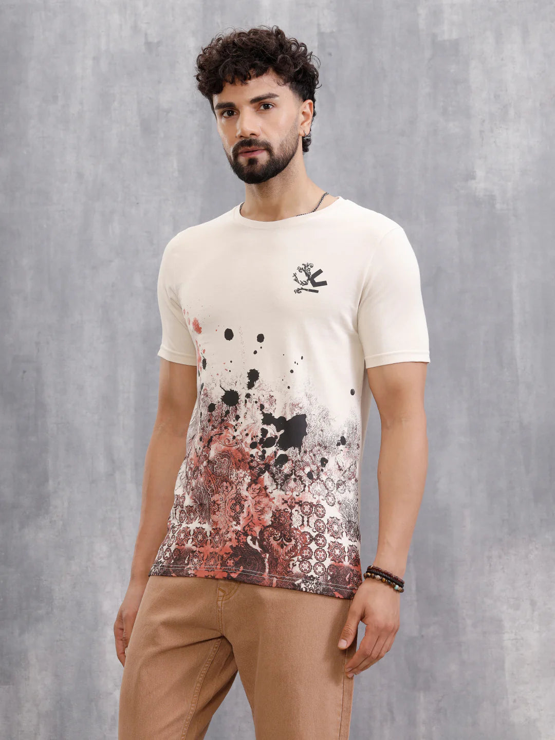 Tapestry Inspired Distressed Ombré Print T-Shirt | Beige