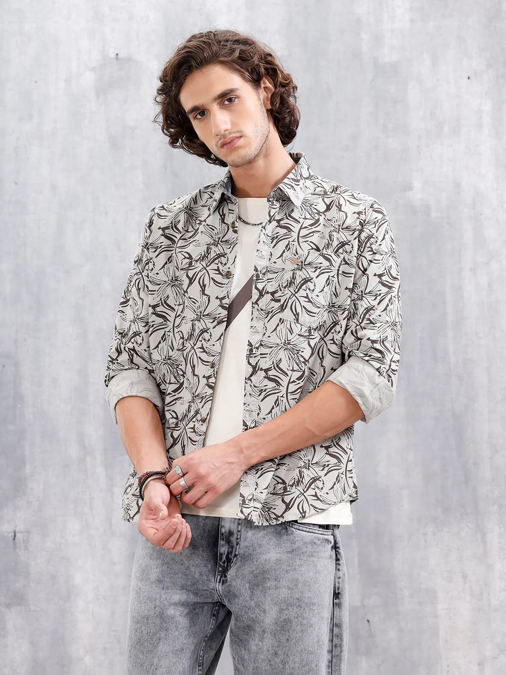 Floral Printed Slim Fit Shirt | Grey