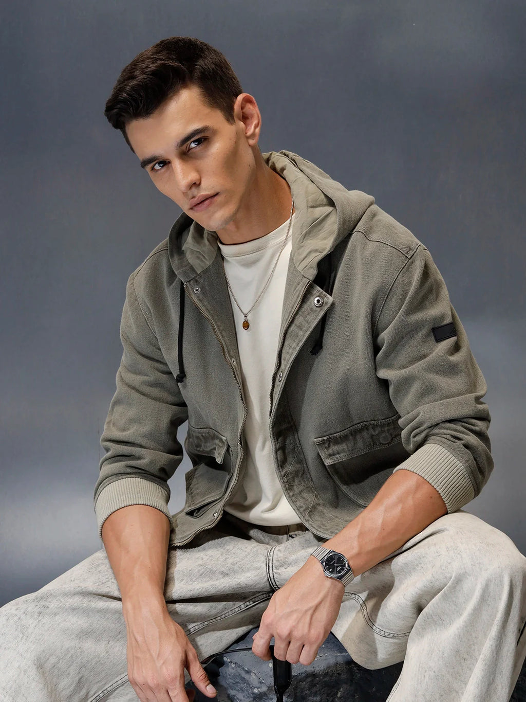 men's casual oversized crop fit front zipper hooded jacket | Olive