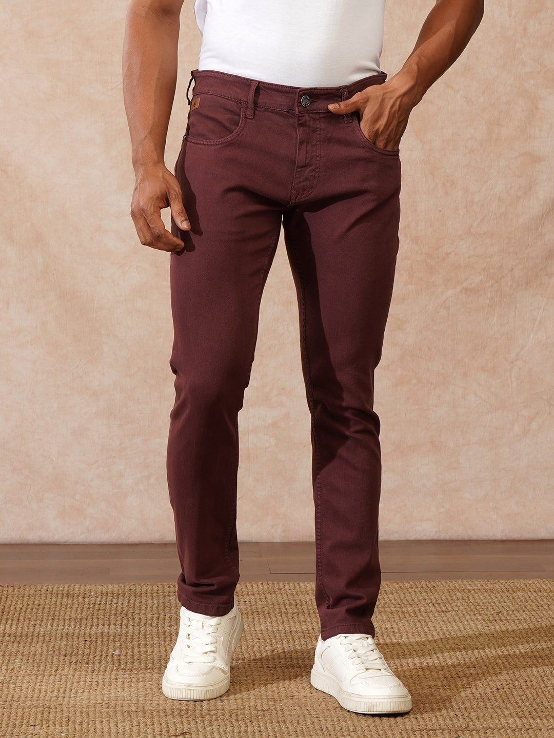Casual Tapered Fit Jeans | Maroon