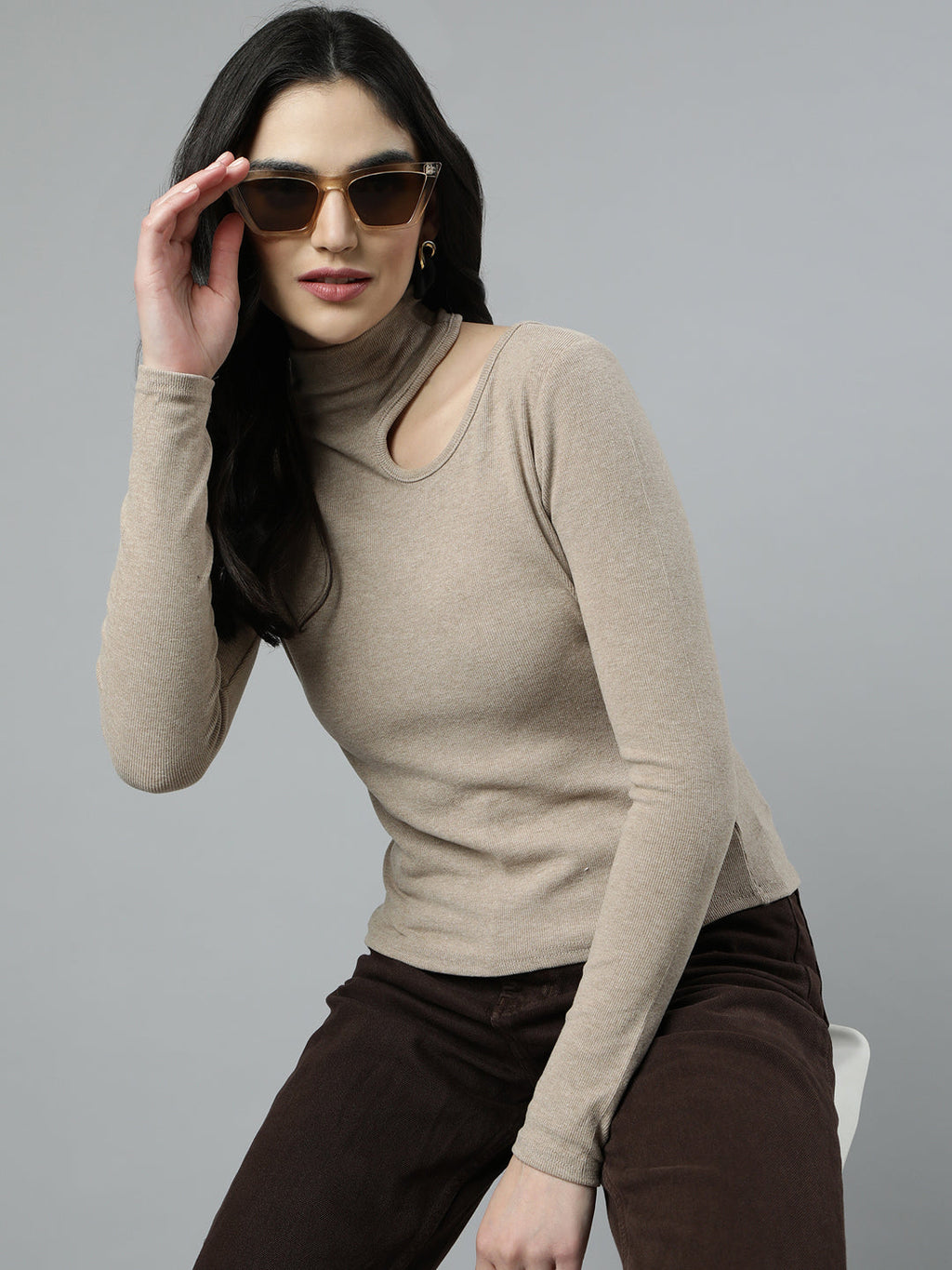 Women's Beige High Neck Long Sleeves Cut-Out Detail Fitted Top