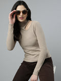 Women's Beige High Neck Long Sleeves Cut-Out Detail Fitted Top