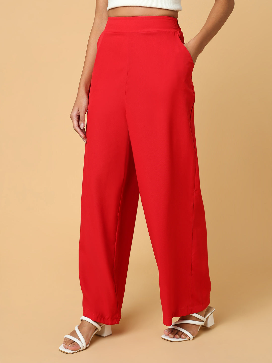Women's Red Comfort Slim Fit Trousers