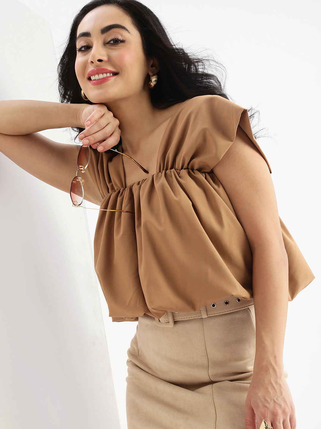 Women's Brown Solid Square Neck Synthetic Crepe Top