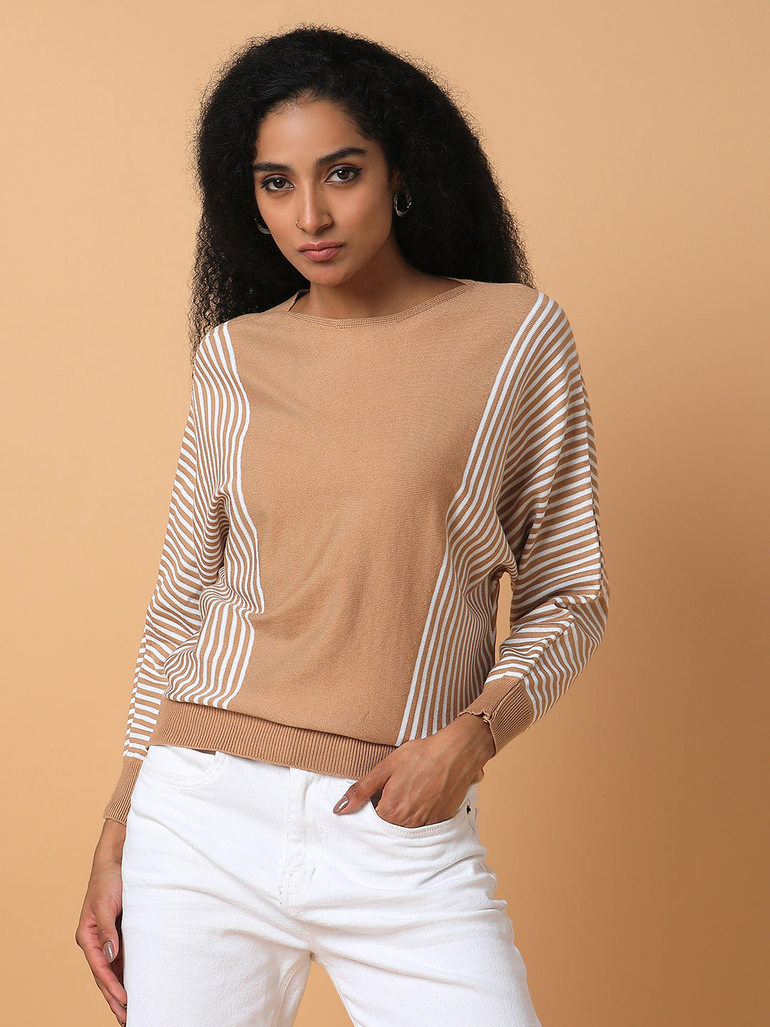 Women's Brown Vertical Striped Round Neck Acrylic Top