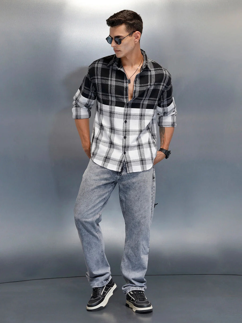Men's Casual Oversized Fit Checkered Pattern Shirt | Black