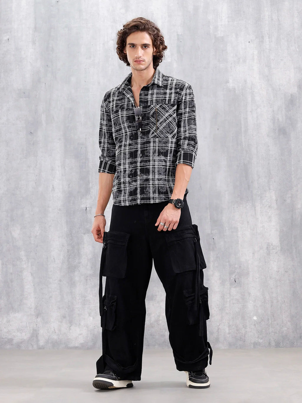 Wash Printed Overshirt With Chenille Yarn Check | Black