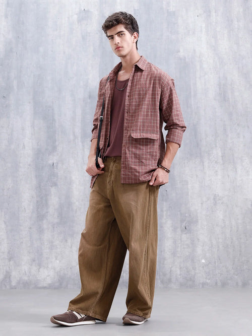 Men's Casual Oversized Fit Double Pocket Shirt | Brown