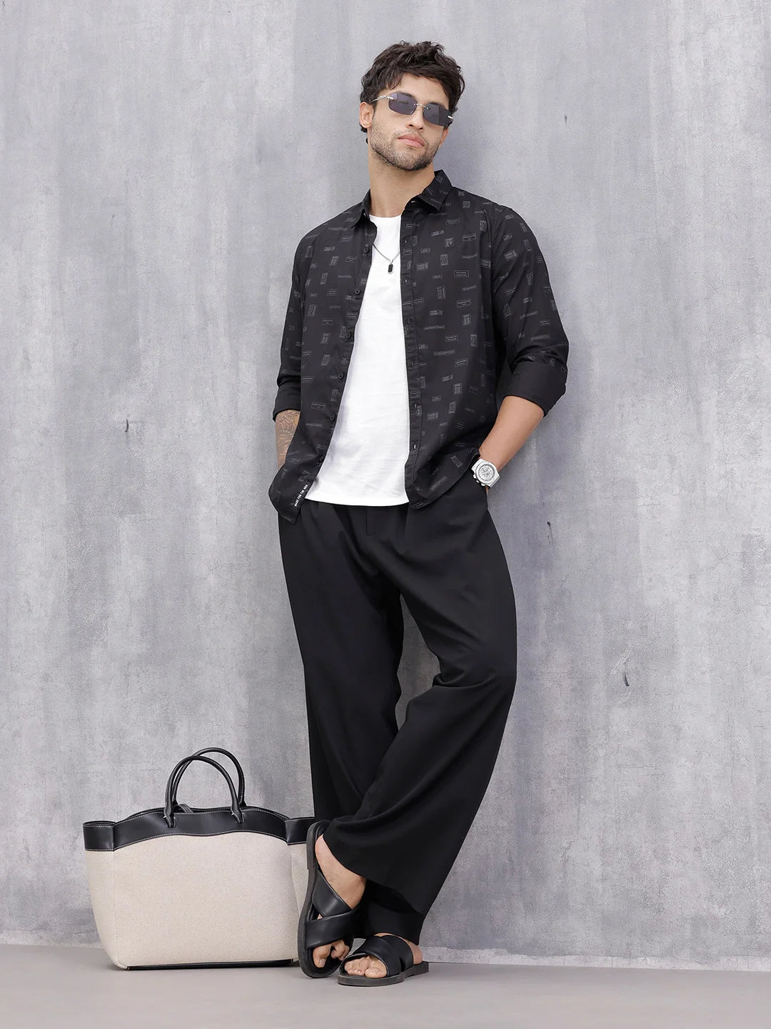 100% Cotton Aop Printed Casual Regualr Fit Shirt | Black