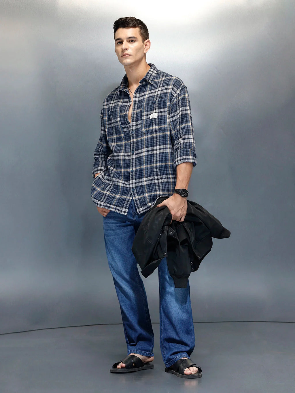 Men's Casual Oversized Fit Checkered Pattern Shirt | Blue