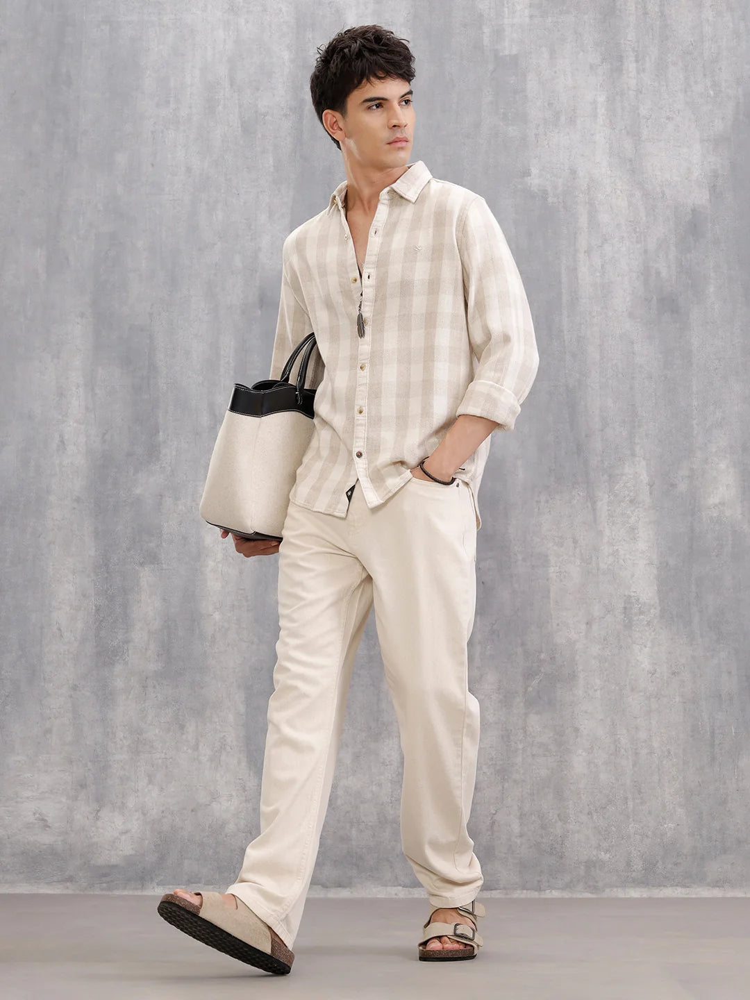 Herringbone Check Shirt In Natural Tones  |  Beige