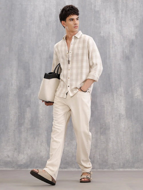 Herringbone Check Shirt In Natural Tones  |  Beige