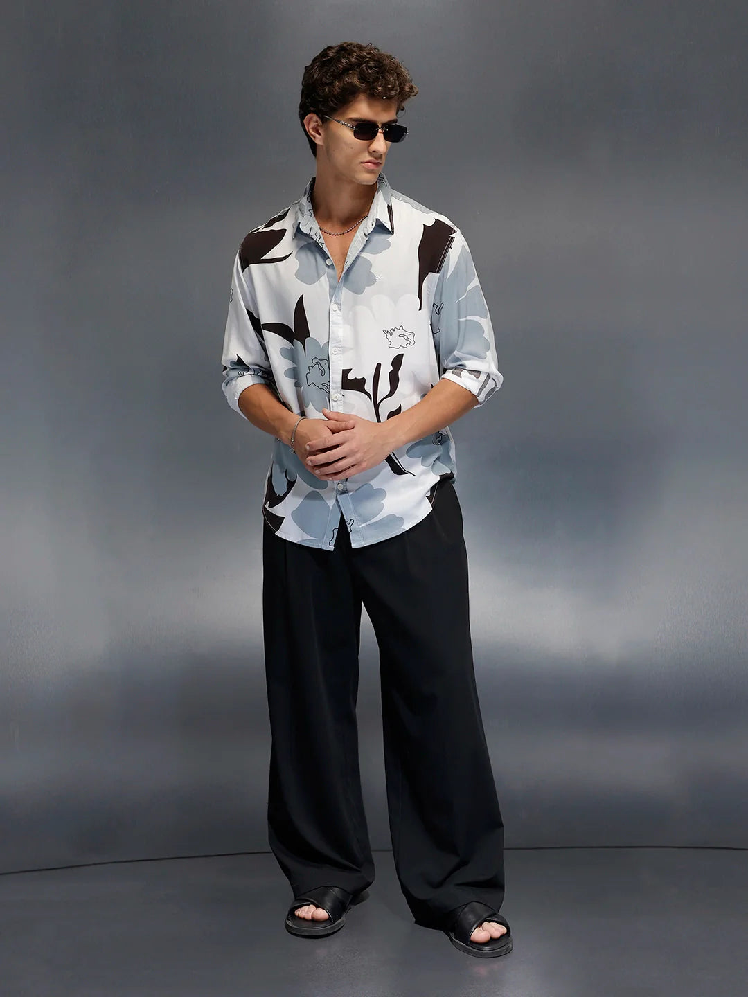 Men's Casual Comfort Fit Floral Printed Shirt  |  Grey