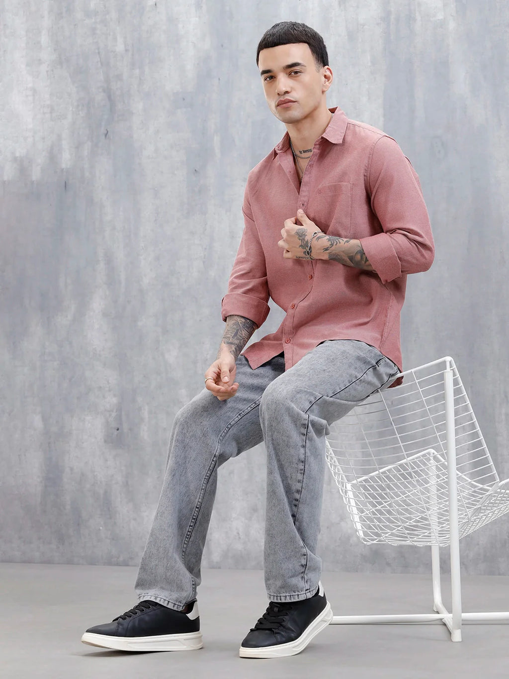 Wrogn Men's Classic Spread Collar Slim Fit Shirt | Red