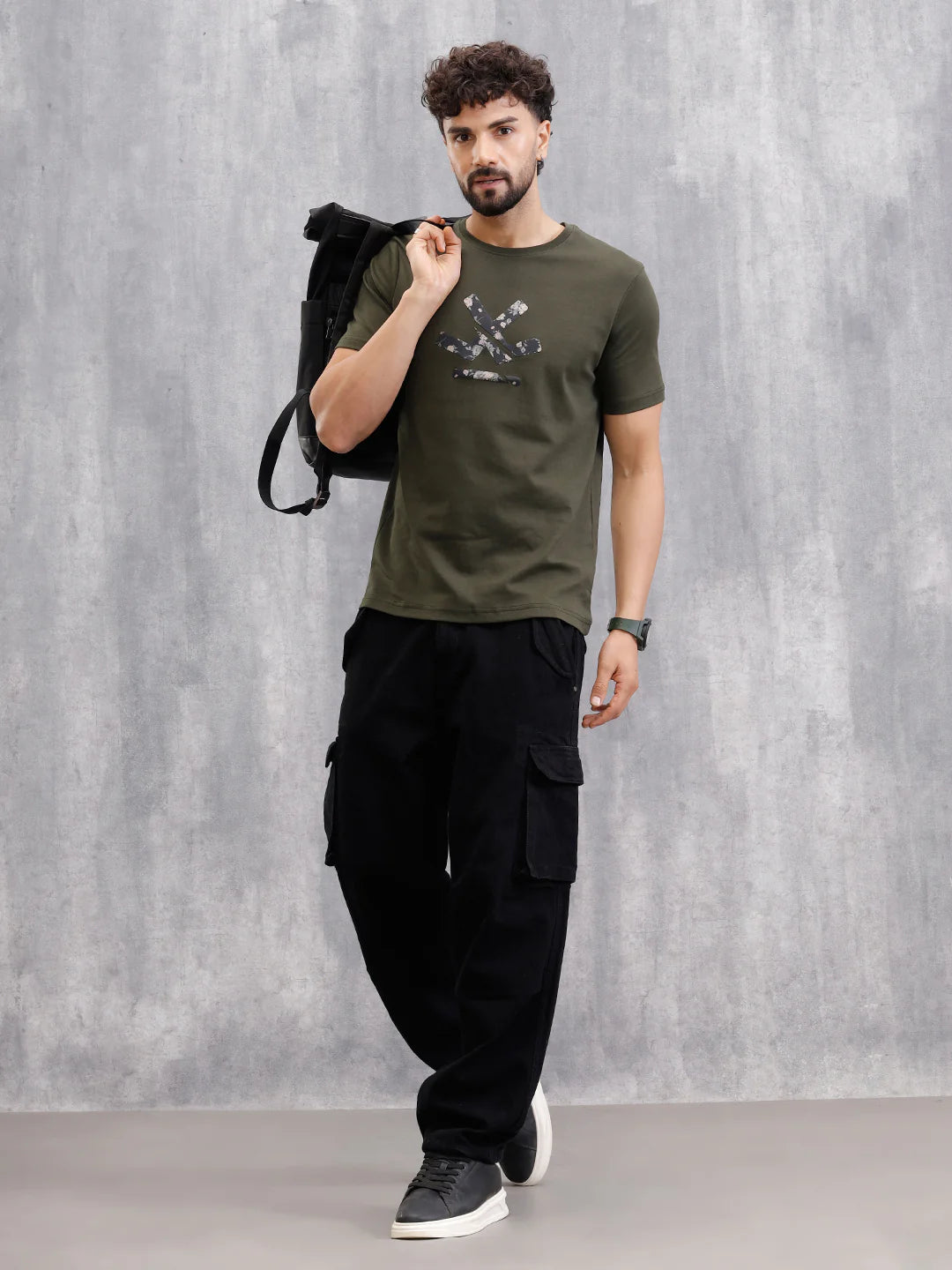 Premium Interlock Base With Dark Floral Logo Brand Carrier Crew Neck T-Shirt | Olive