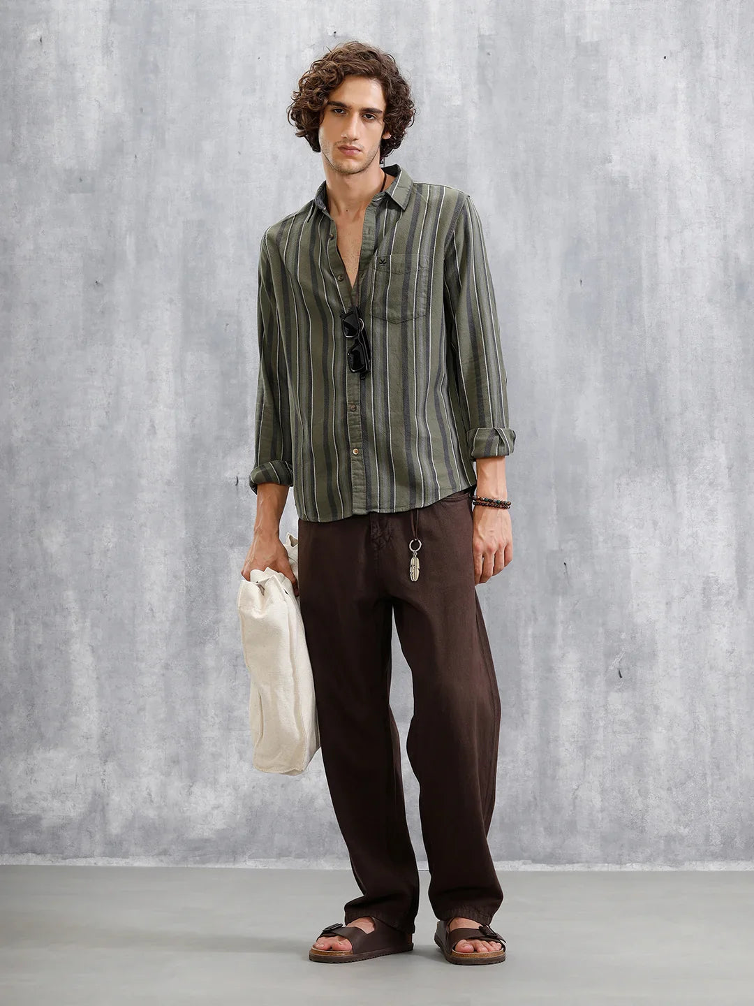 Textured Stripes Slim Fit Shirt | Olive