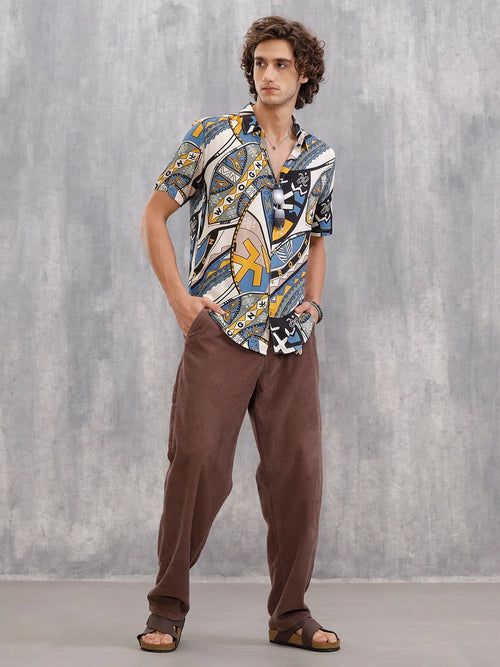 Fluid Viscose Shirt With Abstract Aop  |  Blue