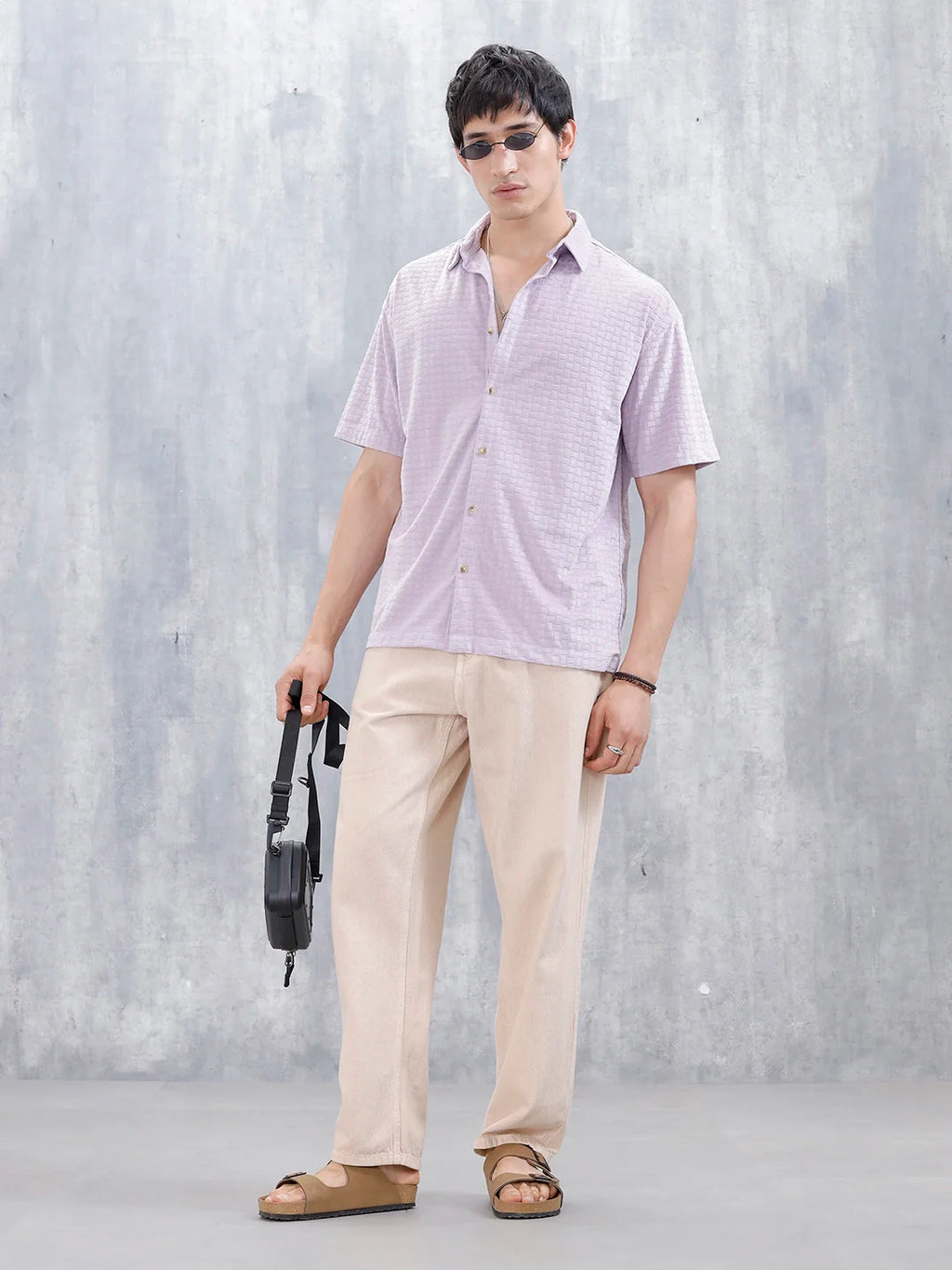 Wrogn Mens Casual Self Textured Oversized Shirt | Purple