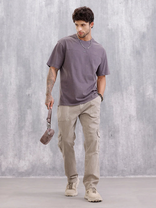 Distressed Grunge Look Oversized Fit T-shirt With Metal Branding | Dark Grey