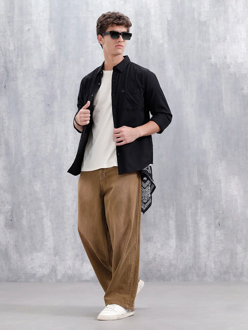 Men'S Casual Solid Patch Pocket Shirt | Black