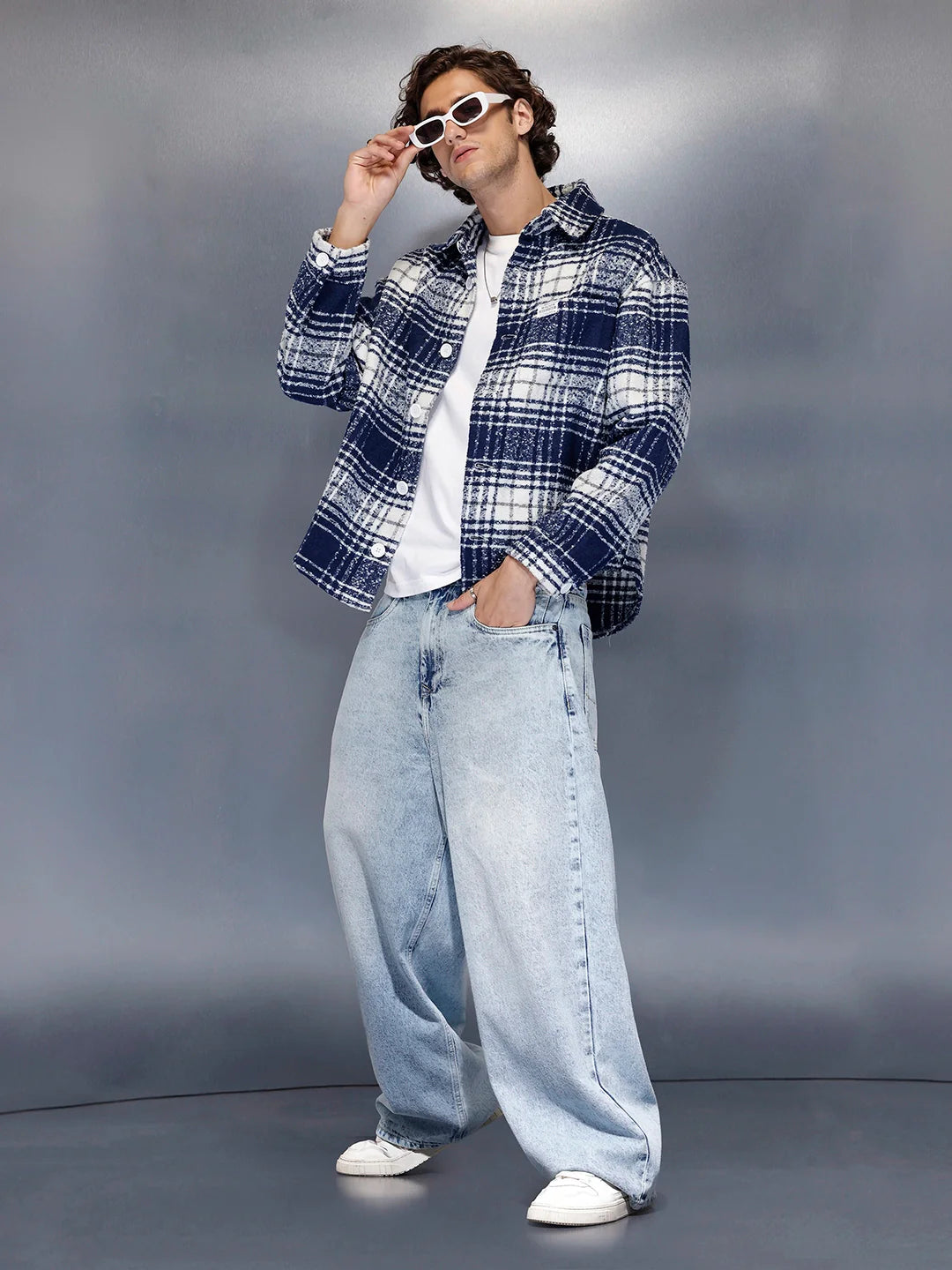 Men’s brushed bold check shacket | Navy Blue