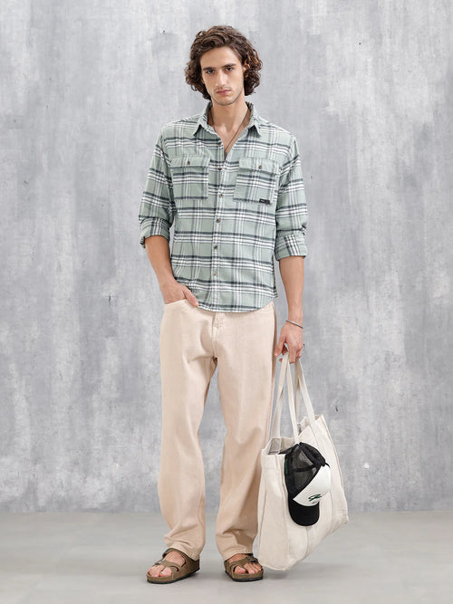 Comfort Fit Checkered Pattern Shirt With Double Pockets | Green