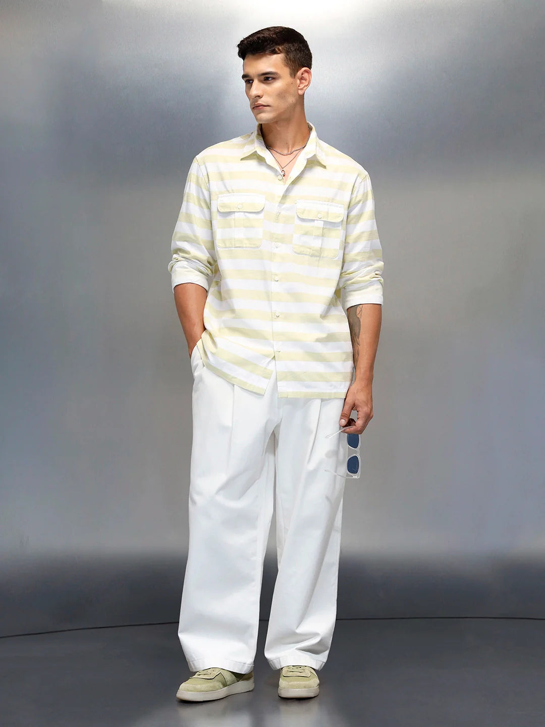 Men's Casual Regular Fit Striped Pattern Shirt | Green