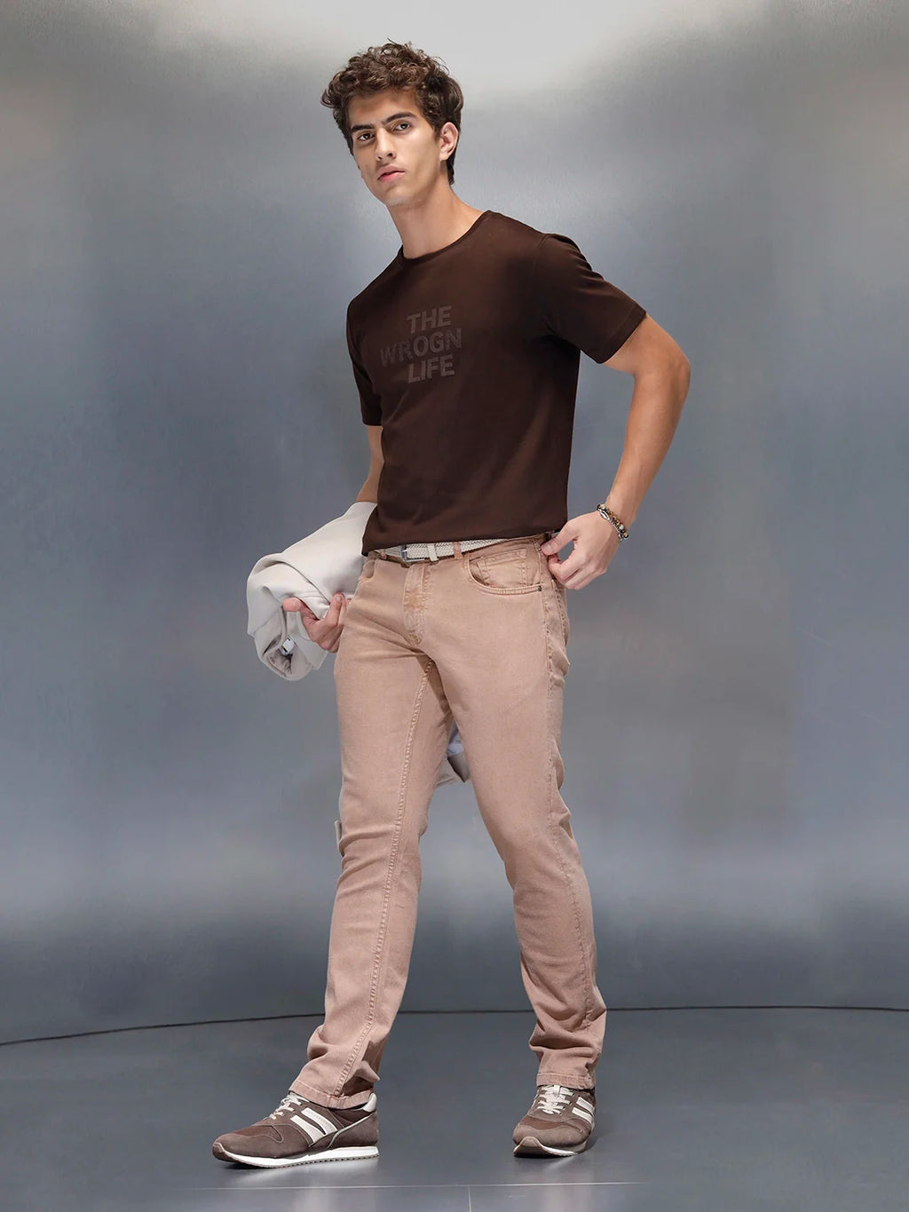 Men's Casual Slim Fit Tshirt with tonal 3D graphic print  | Brown