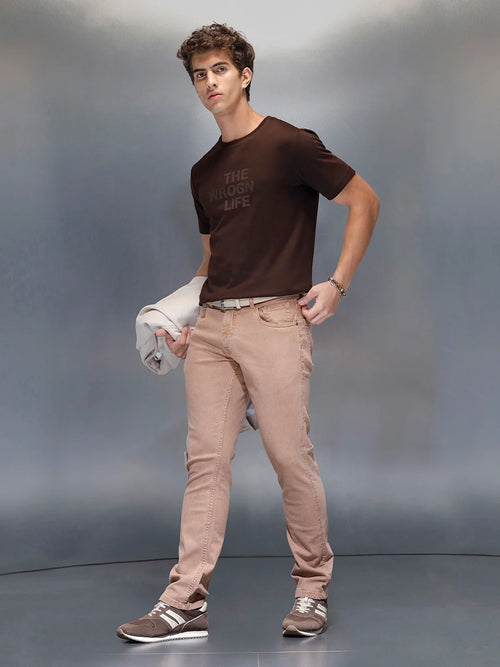 Men's Casual Slim Fit Tshirt with tonal 3D graphic print  | Brown