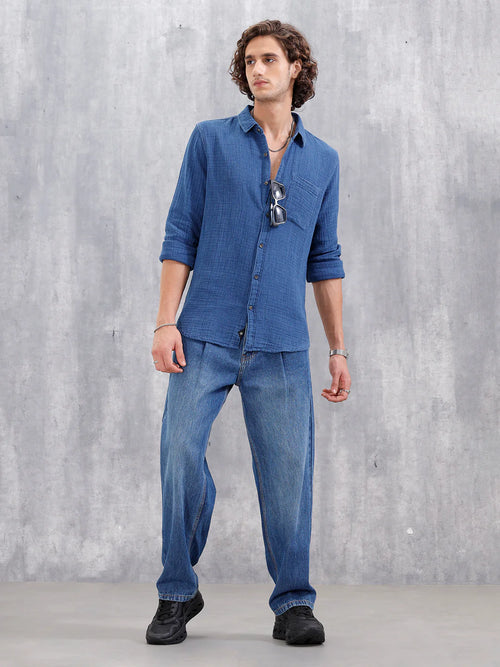 Indigo Double Cloth Slim Fit Shirt In Medium Wash | Blue