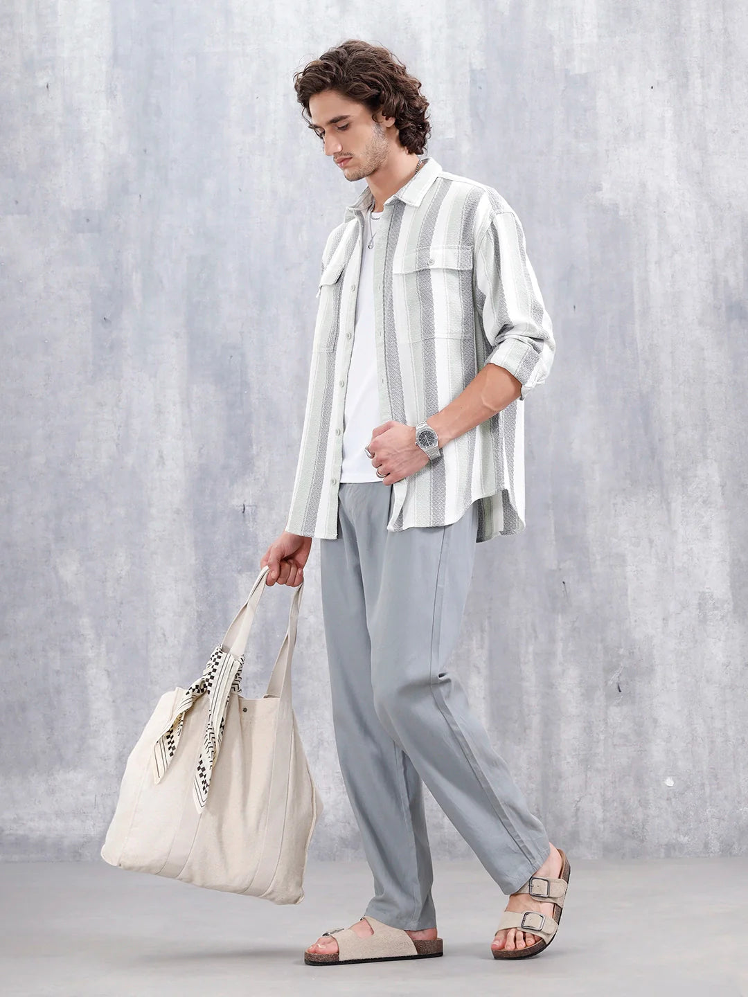 Textured Striped Double Pocket Oevrsized Fit Shirt | Green