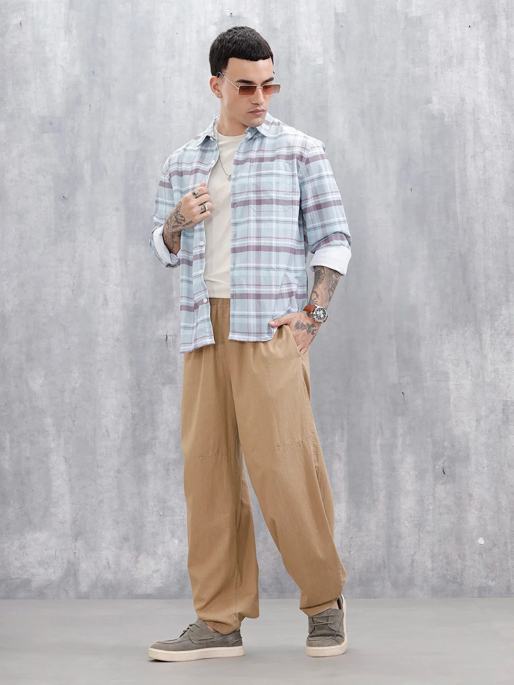 Wrogn Men's Comfot Fit Printed Checkered Shirt | Blue