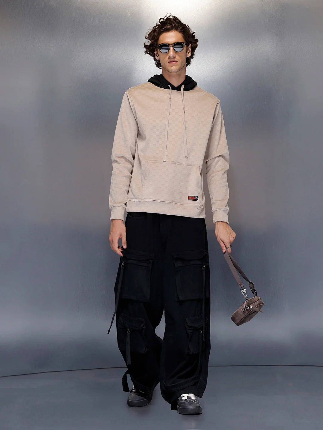 Men’s check-textured & black hoodie | Beige