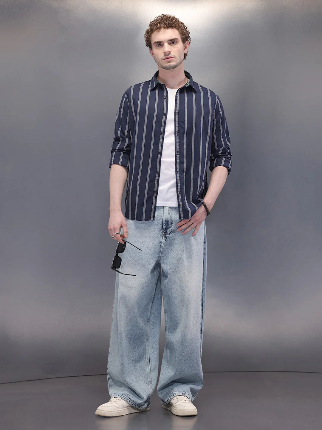 Textured Stripes Open Dobby Shirt | Navy Blue