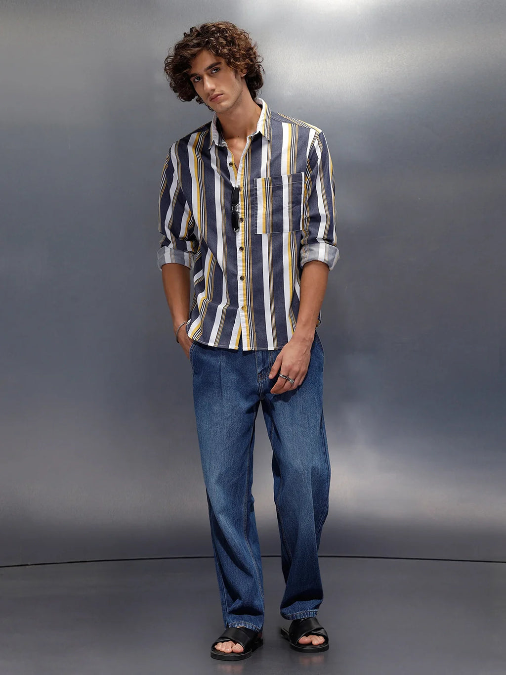Vibrant Striped Comfort Fit Shirt With Branding  | Navy Blue