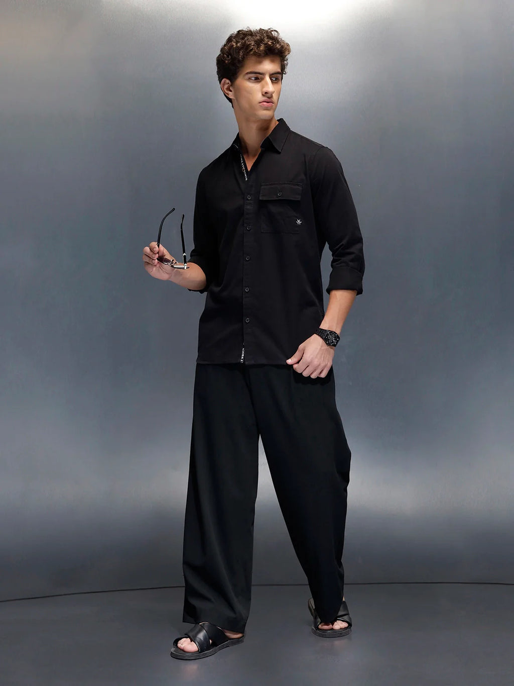 Men's casual slim fit shirt with typographic placket detail  | Black
