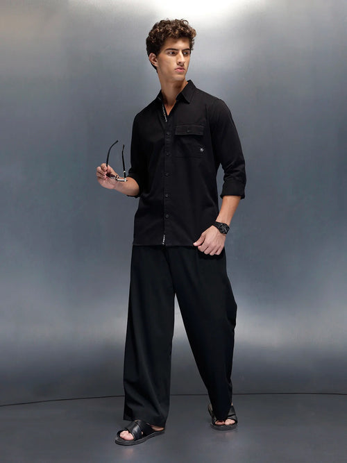 Men's casual slim fit shirt with typographic placket detail  | Black