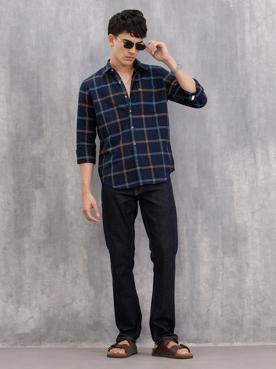 Textured Notebook Check Shirt In Slim Fit  | Navy Blue