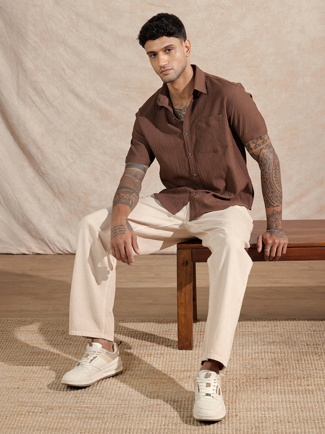 Textured Comfort Fit Shirt | Dark Khakhi