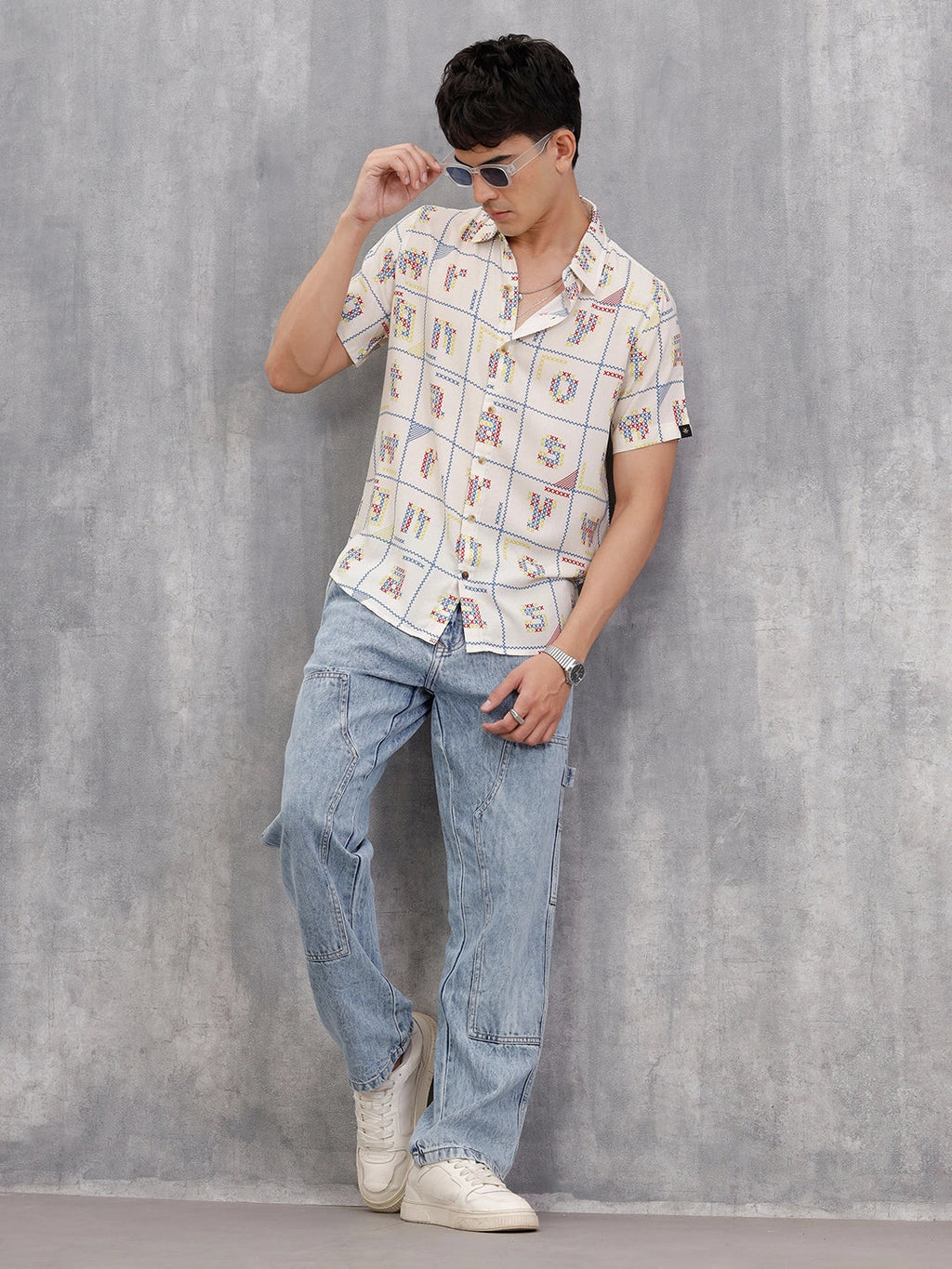 Fluid Viscose Shirt With Cross Stitch Inspired Aop  |  White