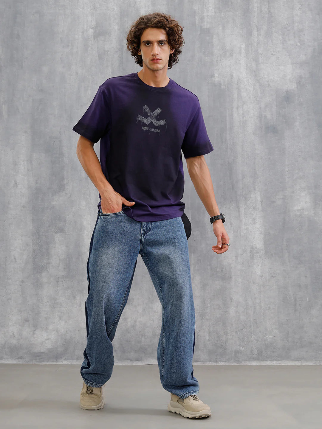 Smokey Pigment Spray With Grunge Logo Print Oversized Crew Neck T-Shirt | Purple