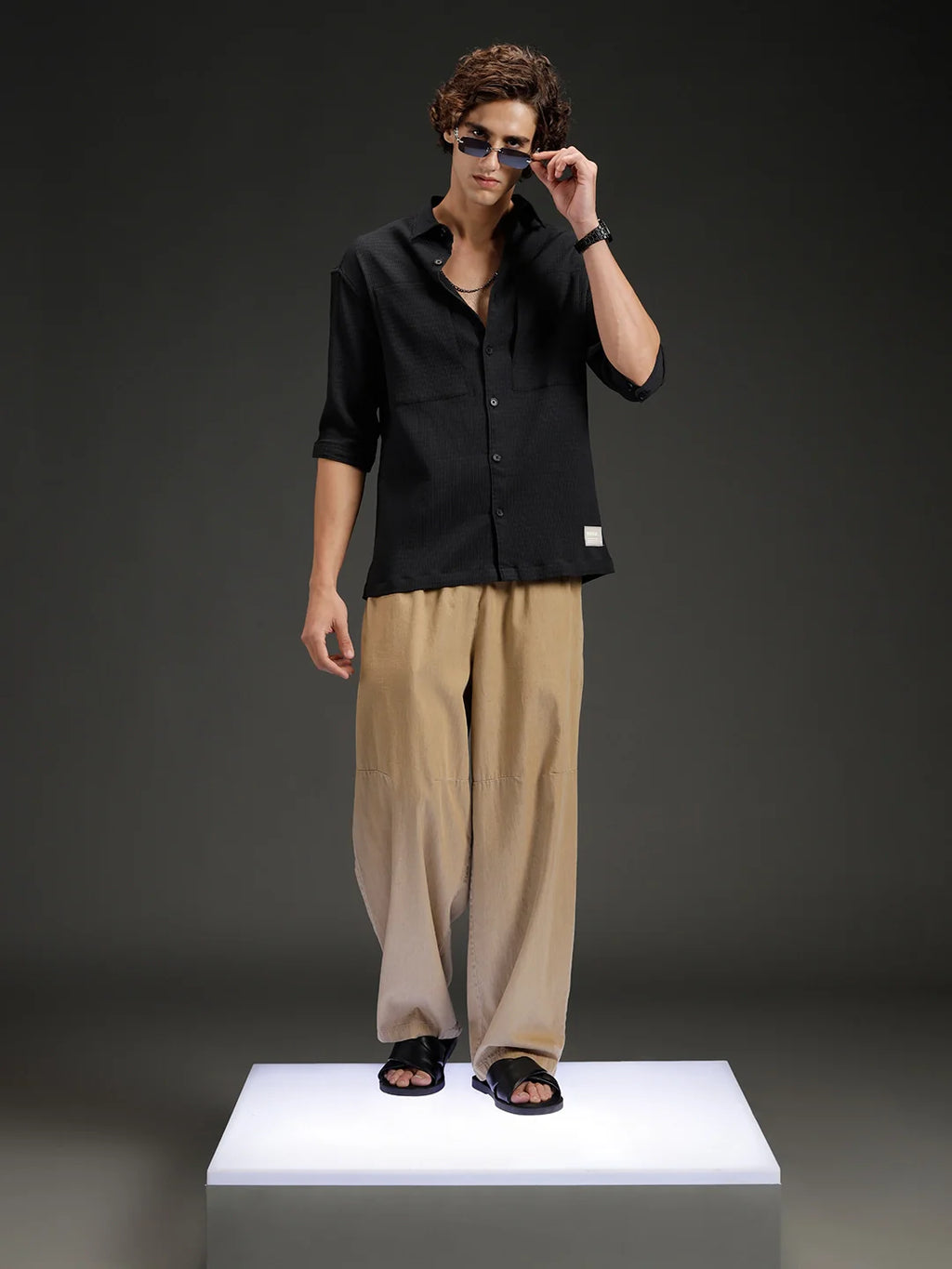 Wrogn Textured Button-Down Casual Shirt | Black