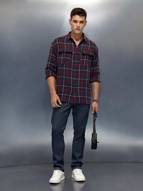 Men's Casual Oversized Fit Checkered Pattern Shirt | Navy Blue