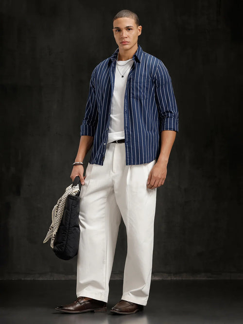 Herringbone Striped Slim Fit Shirt  | Navy Blue