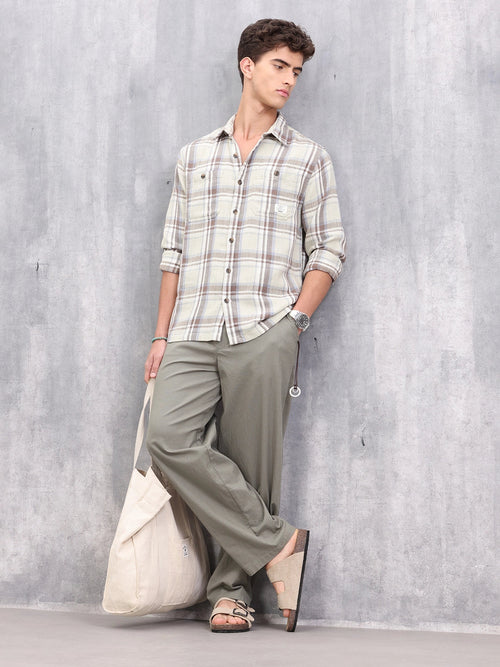 Double Pocket Comfort Fit Checks Shirt I Brown