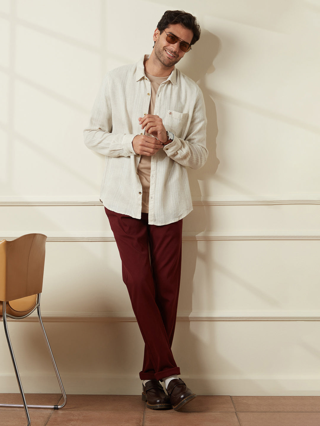 Textured Slim Fit Casual Shirt | Beige