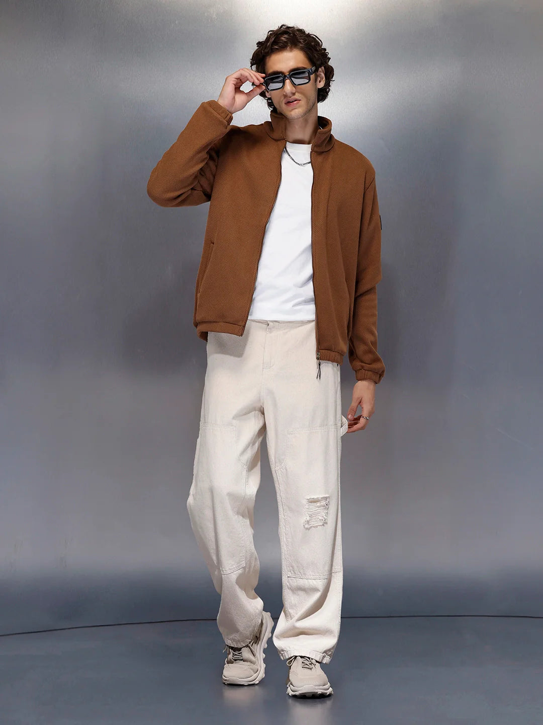 Men’s brown textured zip-up jacket | Brown